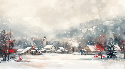 Charming winter landscape with snow-covered houses and trees in a peaceful village setting