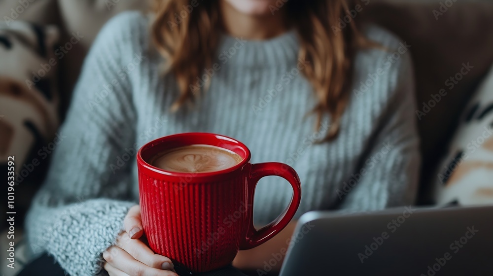 Poster a woman is sitting on a couch with a laptop and a red coffee mug she is smiling and she is enjoying 