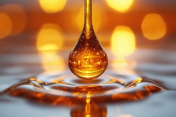 shimmering golden elixir a single drop of luminous oil suspended midair against pristine white warm amber tones contrast with cool background highdetail macro photography