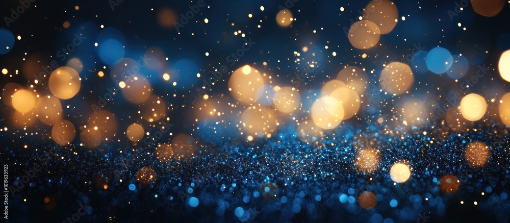 Wall mural Abstract background with blue and gold bokeh lights and glitter.