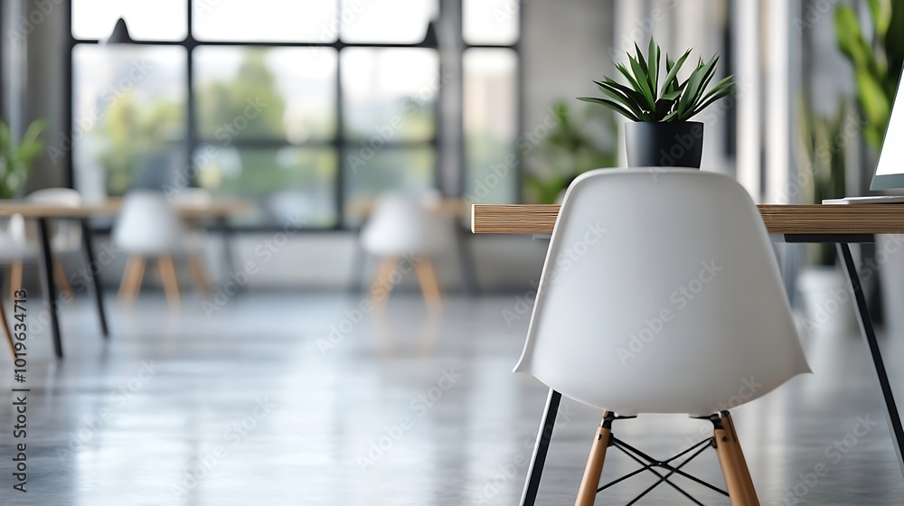 Poster modern office interior with sleek chairs and minimalist desks creates a bright and uncluttered works
