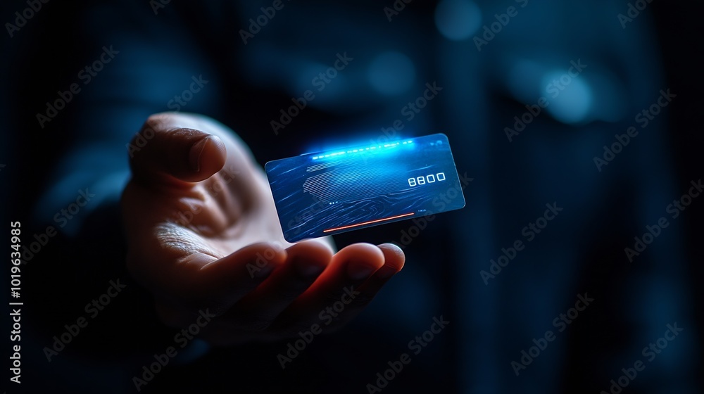 Aufkleber Closeup image of hand and digital identification card or digital ID on black background Technology concept : Generative AI