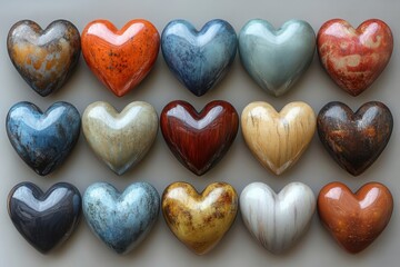 Obraz premium shiny threedimensional heart collection arranged artistically showcasing various textures and colors the glowing hearts symbolize love and affection against a soft neutral backdrop