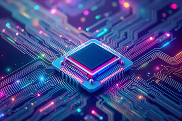 Neon Glowing Circuit Board With CPU Chip