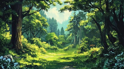 Obraz premium A Sunlit Path Through a Lush Green Forest