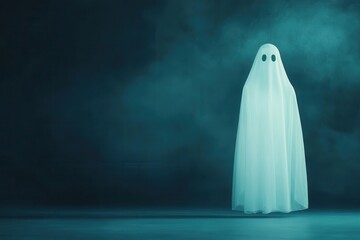 Eerie ghost figure in a misty environment, creating a haunting atmosphere with a mysterious presence.