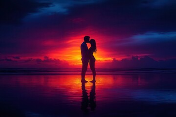 silhouette of a couple sharing a kiss against a breathtaking sunset with vibrant hues of orange and purple reflecting emotions of love and tenderness