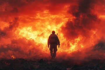 silhouette of a lone soldier walking towards a chaotic battlefield with an explosive orange sky and billowing smoke the scene is filled with emotional intensity and cinematic drama