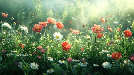 A Field of Colorful Flowers in the Morning Sunlight