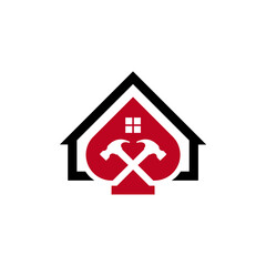 A logo featuring a house shape with two crossed hammers inside. The house is outlined in black with a red interior and a white window.