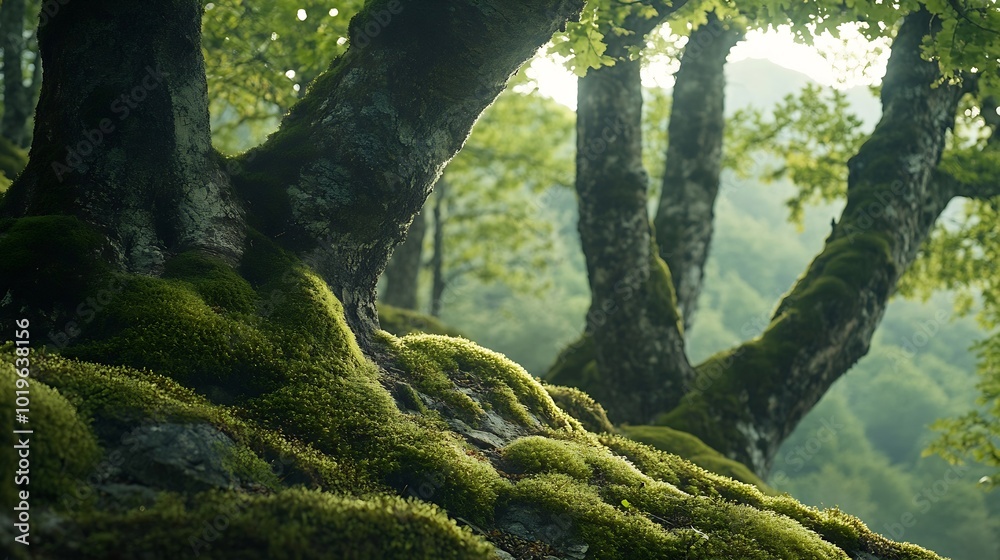 Aufkleber close up lush green moss envelops the trees in the mystical woods of torla in ordesa national park s