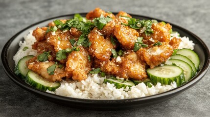 Fototapeta premium Delicious Fried Chicken on Rice with Fresh Vegetables