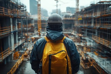 silhouette of an engineer in protective gear overlooking a construction site at sunset towering cranes frame the golden sky capturing the essence of progress and industry