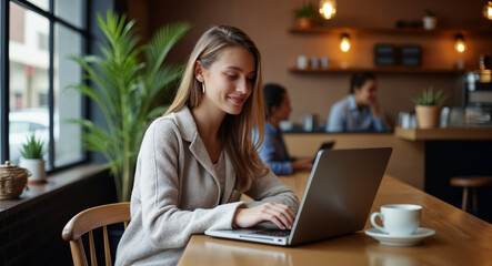 Fototapeta premium Businesswoman Working with Her Laptop at a Cafe
