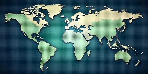 Fototapeta premium A world map depicted in a pixelated format with a textured dark blue background, showcasing the continents in shades of green and beige.