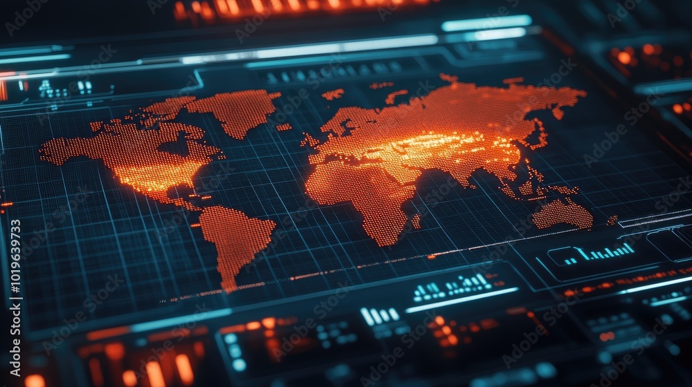 Poster digital world map with neon glow and data display