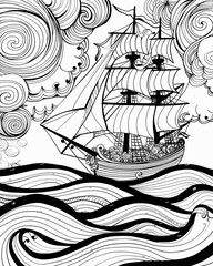Sailing Ship with Swirling Waves and Clouds 
