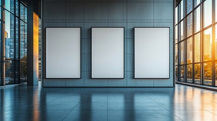 Triple Vertical digital Poster Mockup background in Sleek Modern Interior Blank white showcase screen on a wall inside an urban building Empty  advertisement display media panels for p : Generative AI