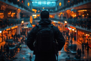 silhouette of security guard facing away observing bustling shopping mall atrium dynamic composition with reflective surfaces and holiday decorations creating a sense of vigilance and protection