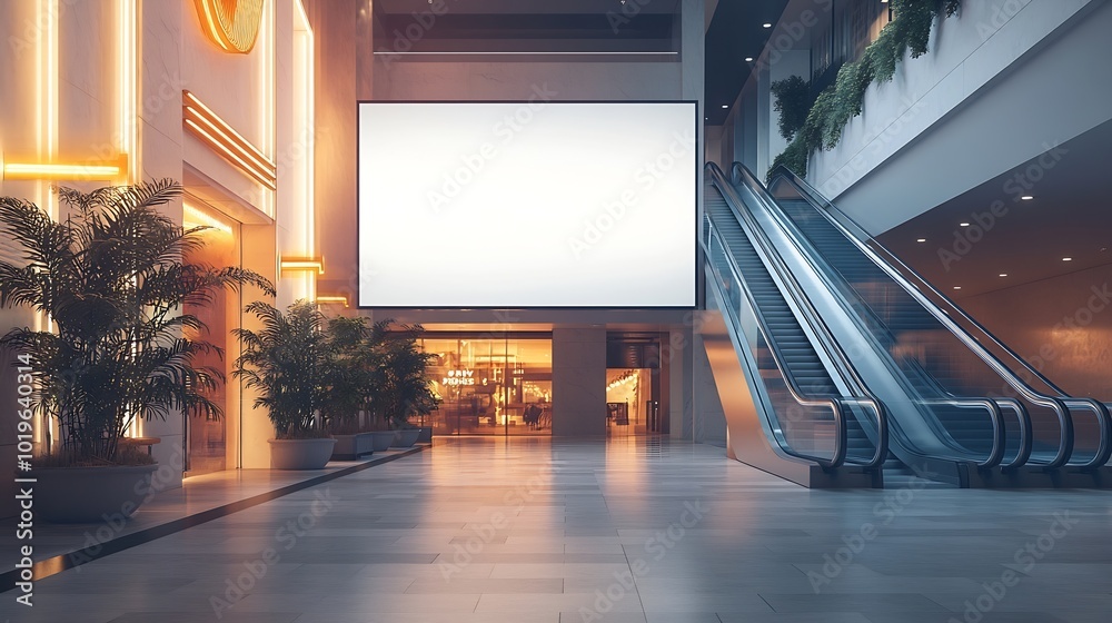 Poster mock up horizontal large billboard on the wall near escalator in shopping mall four lamps hanging on