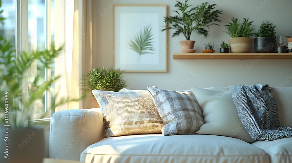 Aufkleber living room with scandinavian interior comfortable couch with pillows and soft plaid near window gre