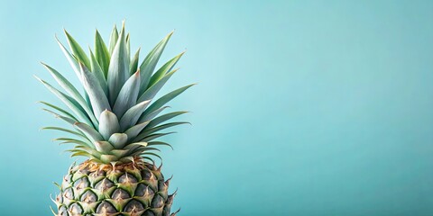 A vibrant green pineapple crown stands out against a calming blue backdrop, its sharp edges and textured surface hinting at the tropical sweetness within.