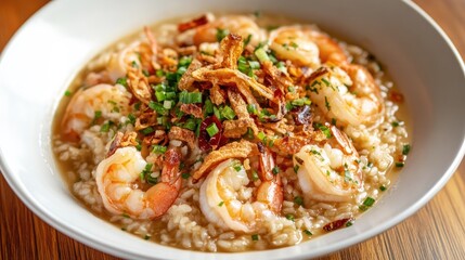 Delicious Shrimp Dish with Crispy Garnish and Greens