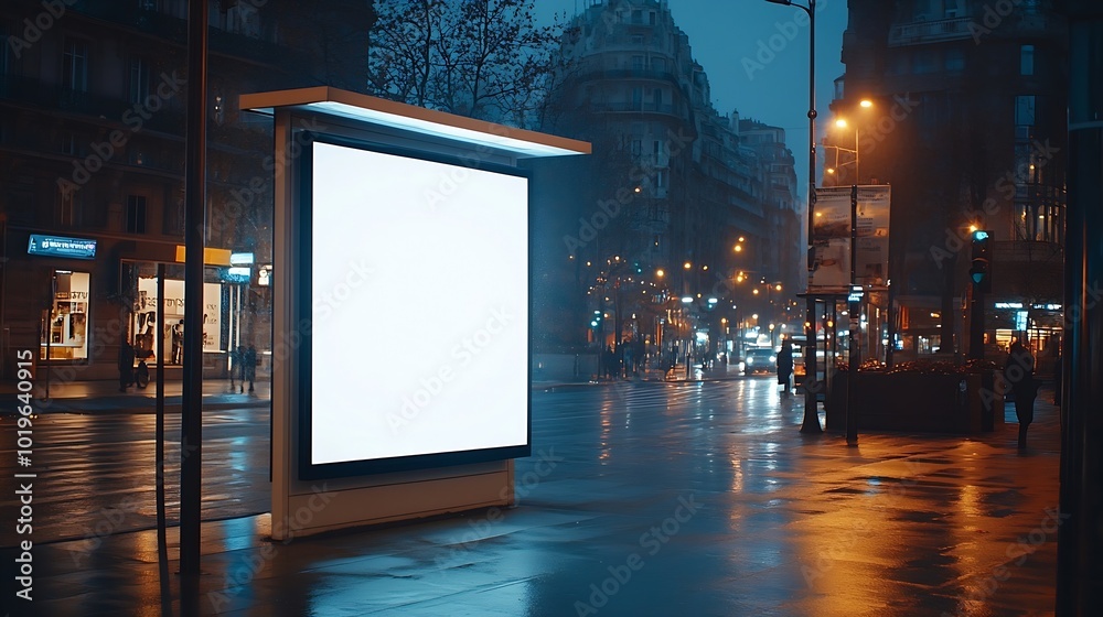 Poster concept of digital marketing in the city advertising billboard with white empty canvas on bus shelte