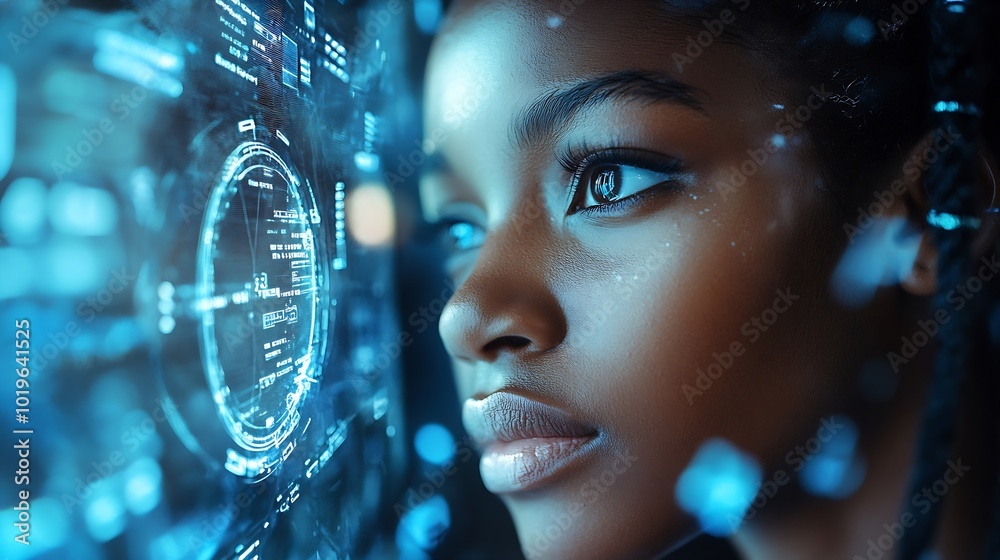 Poster black woman working in office and futuristic graphical user interface concept ict information commun