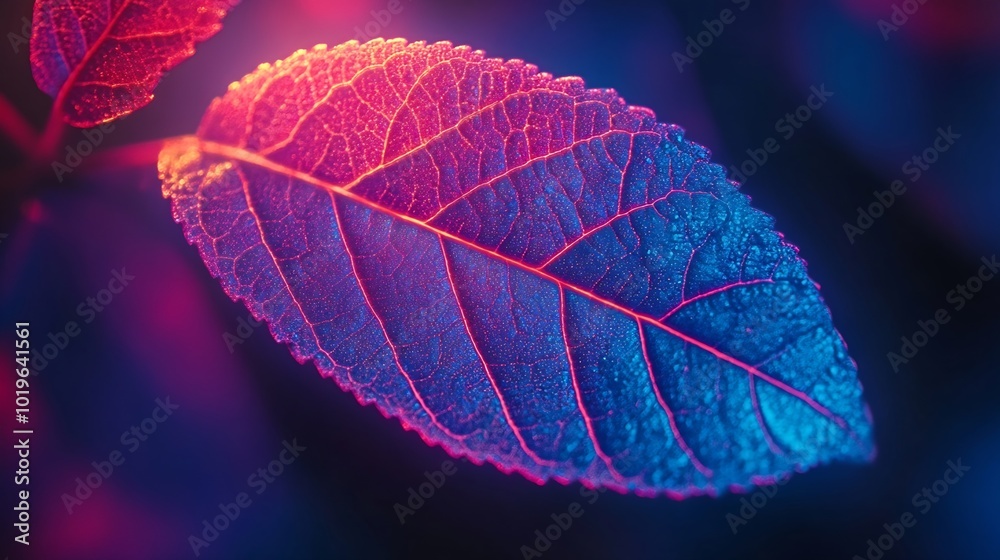 Fototapete close up beautiful faded old leaf in neon light minimalism retro style concept 80s background patter