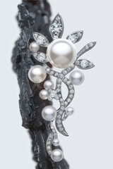 Diamond and Pearl Brooch on Black Rock 
