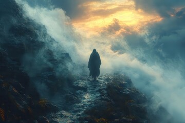 silhouetted pilgrim traversing misty canyon divine light piercing storm clouds ahead rocky path winding through shadowy valley towards radiant horizon