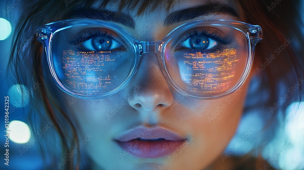 Fototapete Software coding hologram and woman in data analytics information technology and gdpr overlay Programmer or IT person in glasses reading script programming and cybersecurity research on : Generative AI