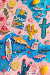 Naklejka premium Summer Collage with Cactus and Fruit