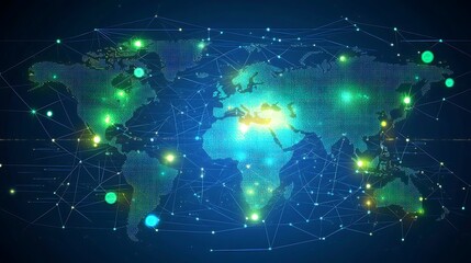 Obraz premium digital world map with glowing grid lines, network connections, and bright blue and green data points symbolizing global communication 