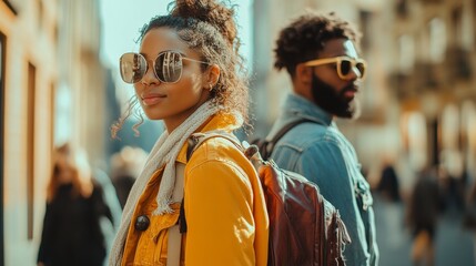 Obraz premium Stylish Couple Enjoying a Vibrant Urban Day, Showcasing Fashion Trends and Playful Sunlight in the City's Street