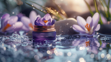 Purple Cream Jar in Water with Crocuses
