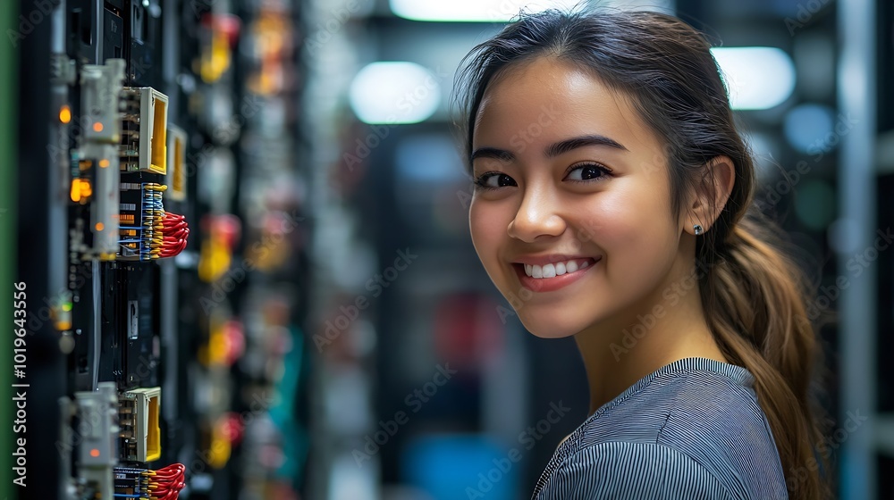 Leinwandbilder server room portrait or happy woman technician for online cybersecurity update or machine system it 