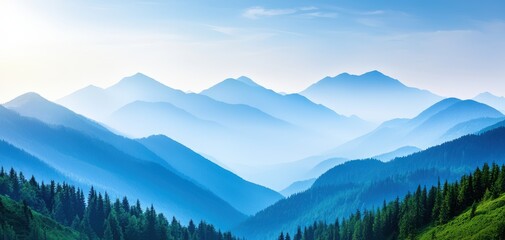 Obraz premium Serene mountain landscape with layered peaks, green forests, and soft blue skies under natural lighting.