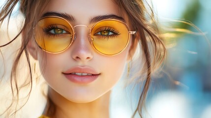 Fototapeta premium trendy woman young attractive fashion brunette yellow sunglasses beautiful girl lifestyle : Generative AI