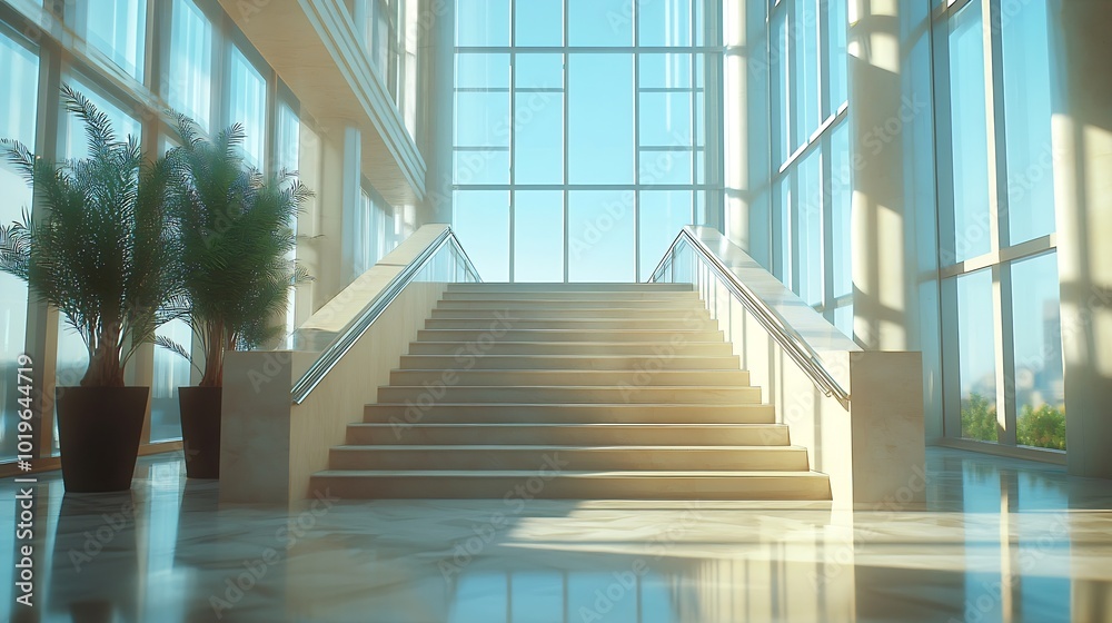 Fototapete a wide staircase along the large windows in an office building modern interior of the lobby of an of