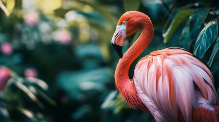 Obraz premium A Graceful Flamingo Standing Elegantly Among Lush Greenery During a Sunny Afternoon in a Tropical Paradise