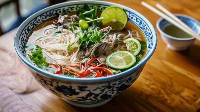 Close-up of traditional Vietnamese pho with noodles and broth.