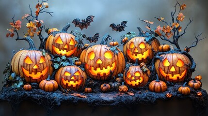Fototapeta premium A festive display of carved pumpkins with glowing faces for Halloween.