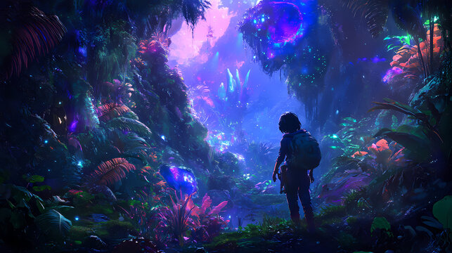 An anime character exploring a vibrant alien jungle. Alien Jungle. Illustration