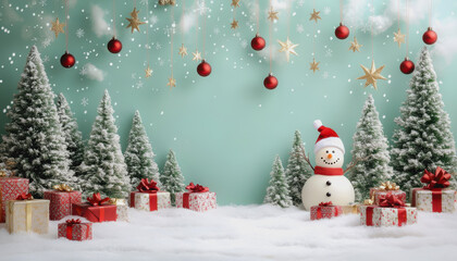 Obraz premium Playful winter wonderland with snowman, Christmas gifts, and festive decorations