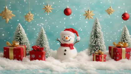 Fototapeta premium Playful winter wonderland with snowman, Christmas gifts, and festive decorations