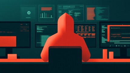 A silhouette of a hooded figure sits before multiple glowing screens, immersed in digital data, suggesting themes of hacking and cybersecurity.