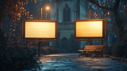 Mockup Of Two Wooden Billboards On The Pavement At Night Empty Street Advertising Displays Next To Church : Generative AI