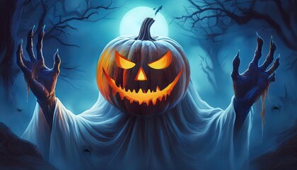 Halloween Night Horror, Scarecrow Pumpkin Monster with Menacing Grin